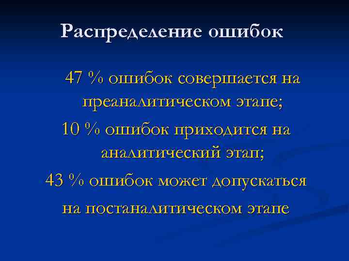 Распределение ошибок 47 % ошибок совершается на преаналитическом этапе; 10 % ошибок приходится на