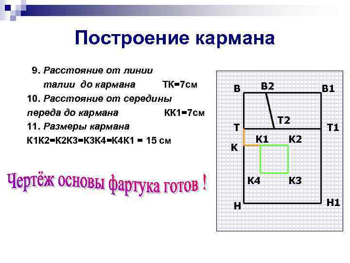 Построение кармана 9. Расстояние от линии талии до кармана ТК=7 см 10. Расстояние от