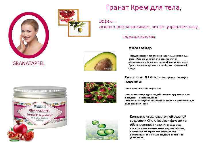 Гранат Крем для тела, Эффект : активно восстанавливает, питает, укрепляет кожу. атуральные компоненты: Н