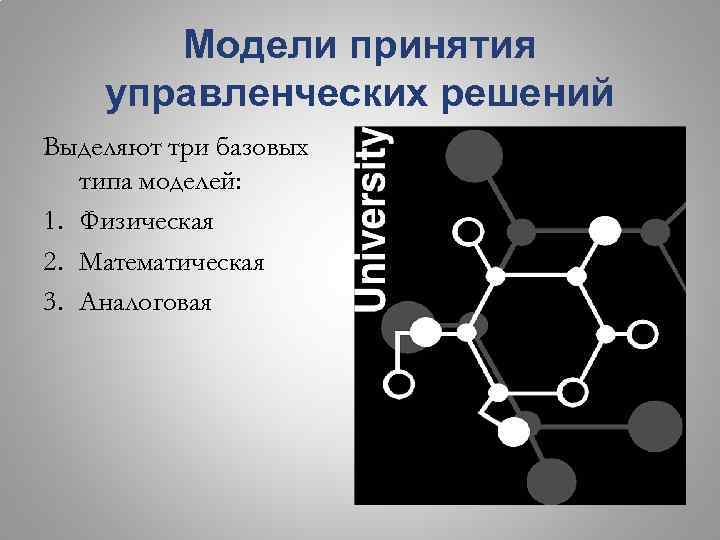 Модели принятия управленческих решений Выделяют три базовых типа моделей: 1. Физическая 2. Математическая 3.