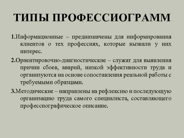 ТИПЫ ПРОФЕССИОГРАММ 1. Информационные – предназначены для информирования клиентов о тех профессиях, которые вызвали