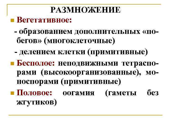 РАЗМНОЖЕНИЕ n Вегетативное: - образованием дополнительных «побегов» (многоклеточные) - делением клетки (примитивные) n Бесполое: