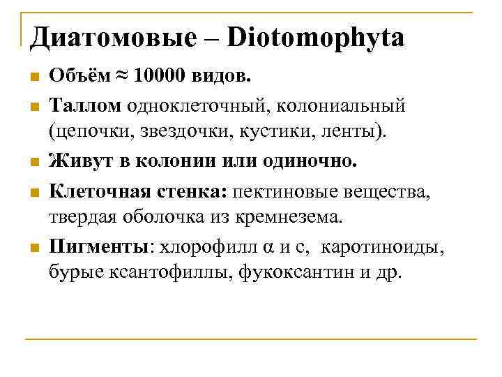 Диатомовые – Diotomophyta n n n Объём ≈ 10000 видов. Таллом одноклеточный, колониальный (цепочки,