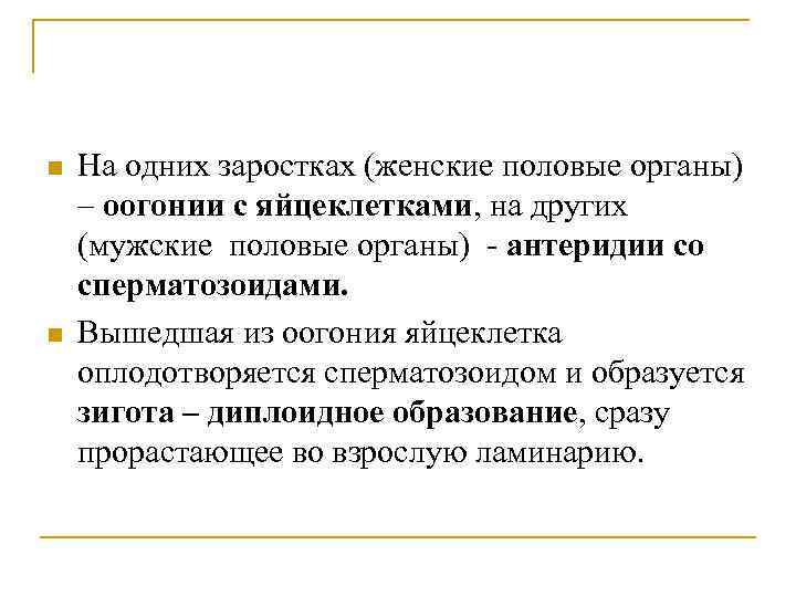 n n На одних заростках (женские половые органы) – оогонии с яйцеклетками, на других