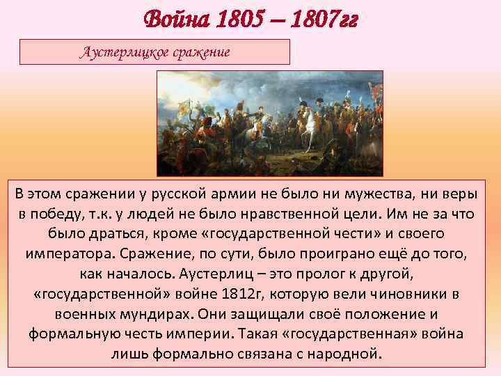 Почему описание сражения толстой начинает с диспозиции. Битва под Аустерлицем 1805 -1807 причины.