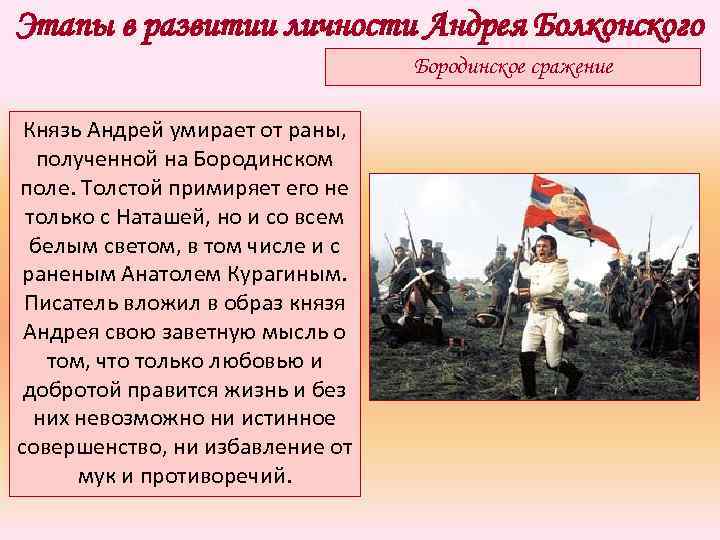 Этапы в развитии личности Андрея Болконского Бородинское сражение Князь Андрей умирает от раны, полученной