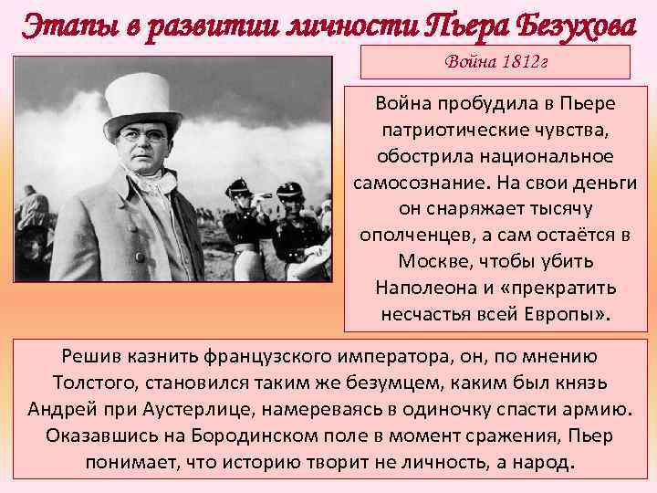 Этапы в развитии личности Пьера Безухова Война 1812 г Война пробудила в Пьере патриотические