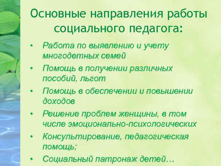 Основные направления работы социального педагога: • • • Работа по выявлению и учету многодетных