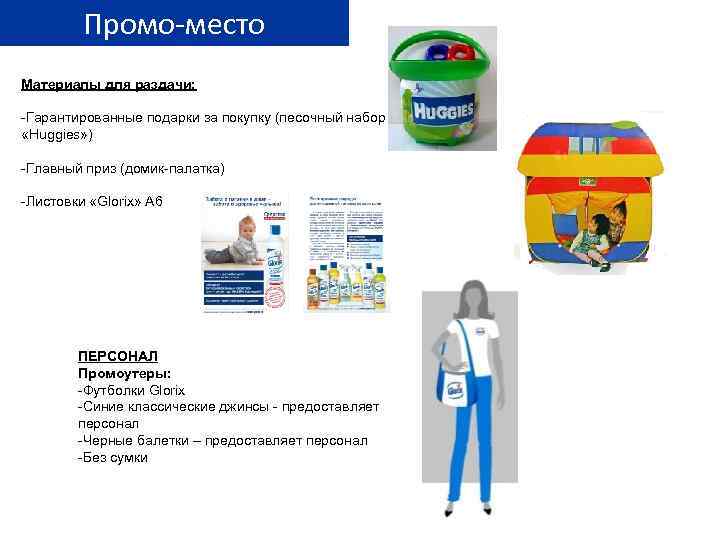 Промо-место Материалы для раздачи: -Гарантированные подарки за покупку (песочный набор «Huggies» ) -Главный приз