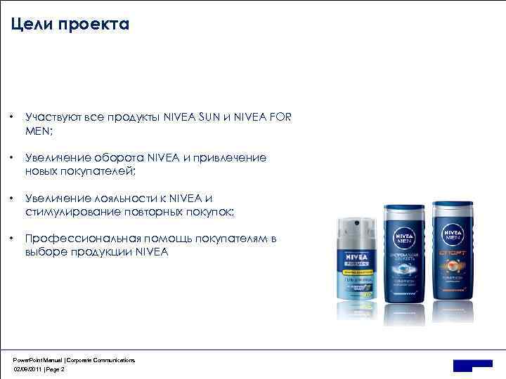 Цели проекта • Участвуют все продукты NIVEA SUN и NIVEA FOR MEN; • Увеличение