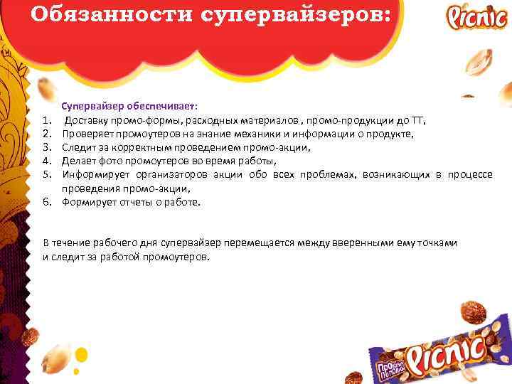 Обязанности супервайзеров: 1. 2. 3. 4. 5. 6. Супервайзер обеспечивает: Доставку промо-формы, расходных материалов