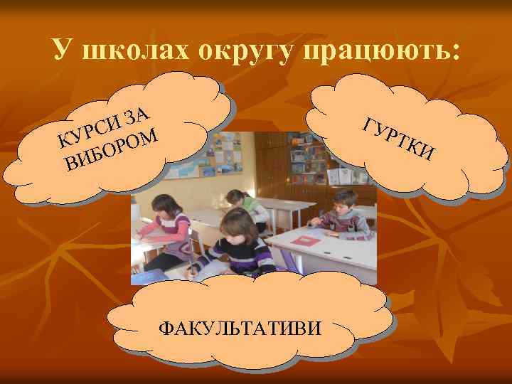 У школах округу працюють: ЗА РСИ М КУ ОРО ИБ В ФАКУЛЬТАТИВИ ГУ РТК