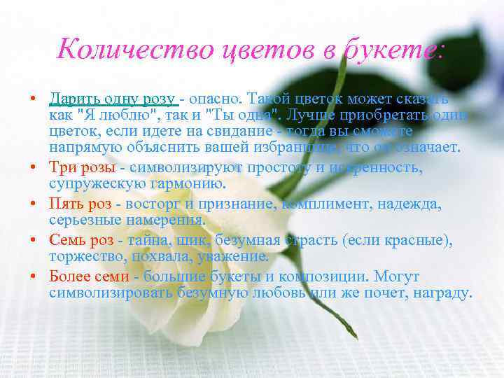Количество цветов в букете: • Дарить одну розу - опасно. Такой цветок может сказать