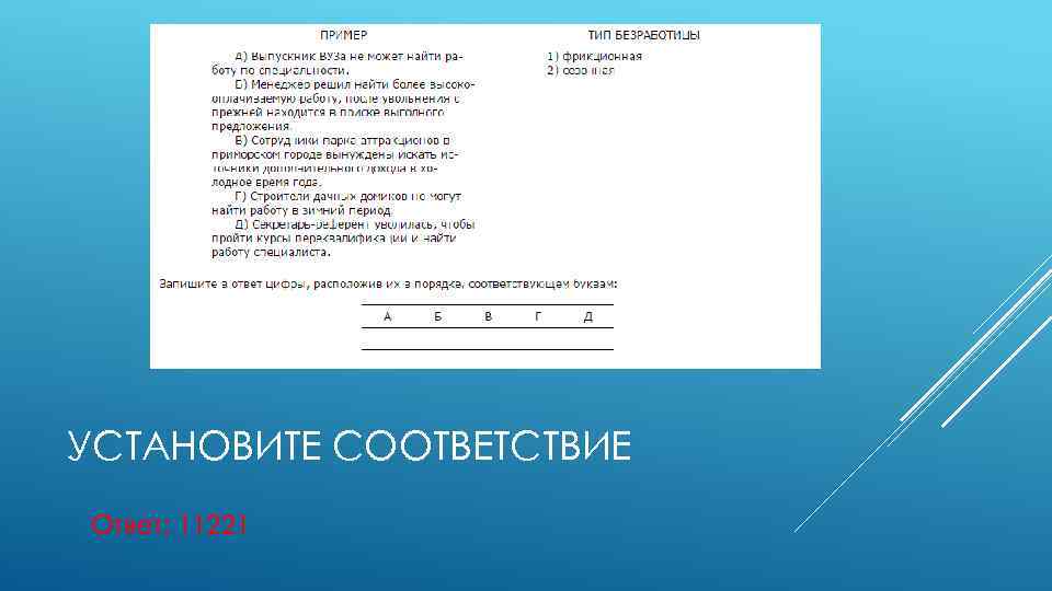 УСТАНОВИТЕ СООТВЕТСТВИЕ Ответ: 11221 