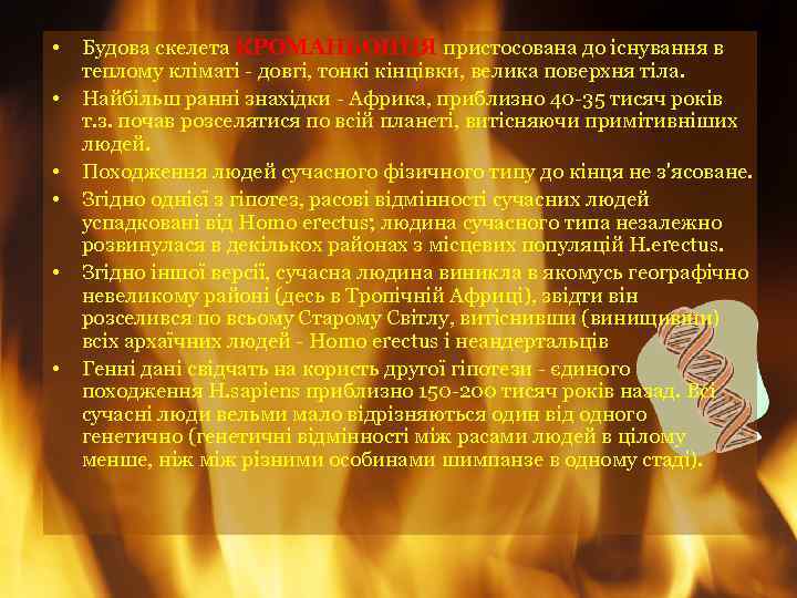  • • • Будова скелета КРОМАНЬОНЦЯ пристосована до існування в теплому кліматі -