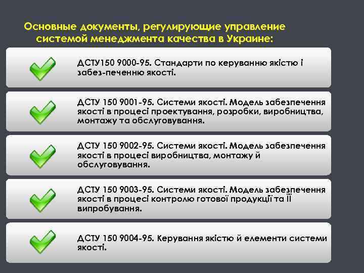 Основные документы, регулирующие управление системой менеджмента качества в Украине: ДСТУ 150 9000 -95. Стандарти