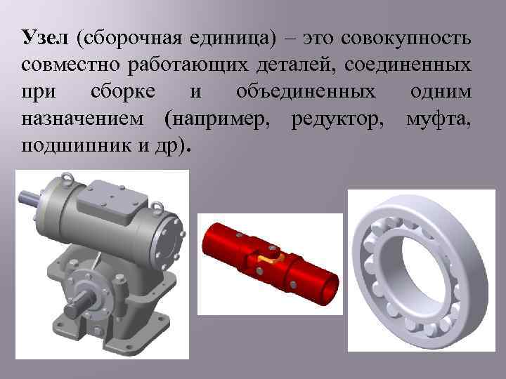 Узел (сборочная единица) – это совокупность совместно работающих деталей, соединенных при сборке и объединенных