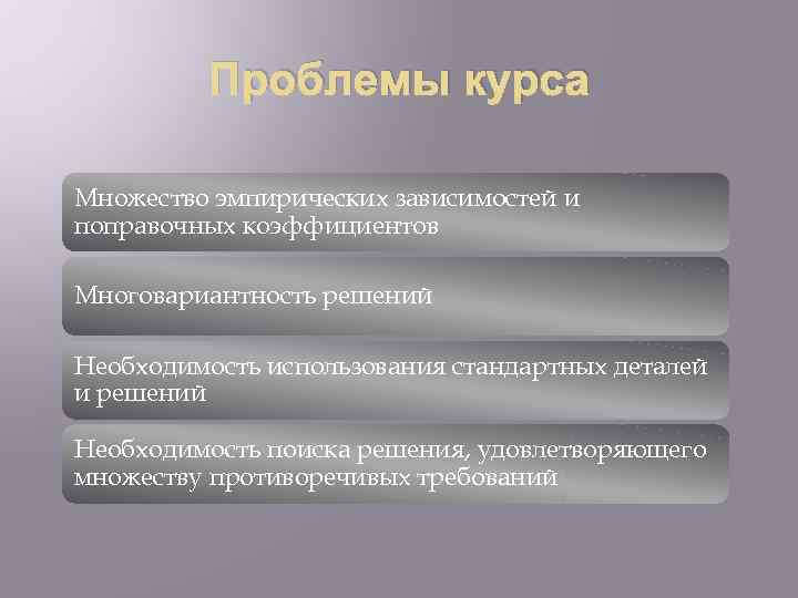Проблемы курса Множество эмпирических зависимостей и поправочных коэффициентов Многовариантность решений Необходимость использования стандартных деталей