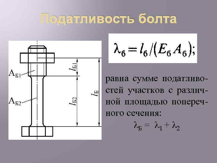 Податливость болта равна сумме податливостей участков с различной площадью поперечного сечения: λБ = λ