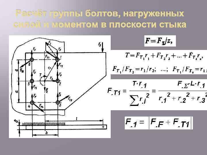 Расчёт группы болтов, нагруженных силой и моментом в плоскости стыка 