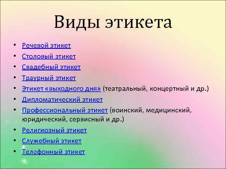 Виды этикета Речевой этикет Столовый этикет Свадебный этикет Траурный этикет Этикет «выходного дня» (театральный,