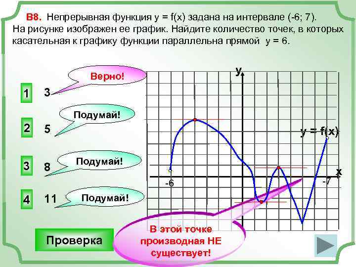  В 8. Непрерывная функция у = f(x) задана на интервале (-6; 7). На