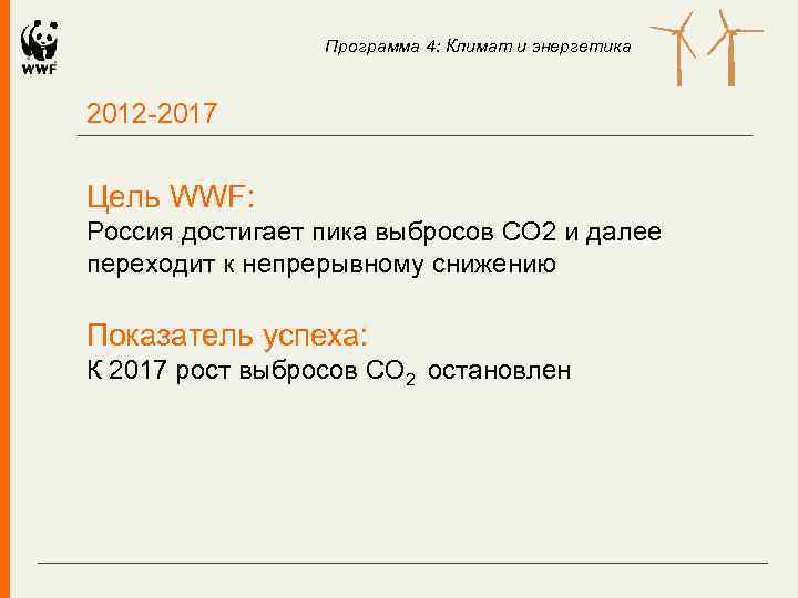 Программа 4: Климат и энергетика 2012 -2017 Цель WWF: Россия достигает пика выбросов CO