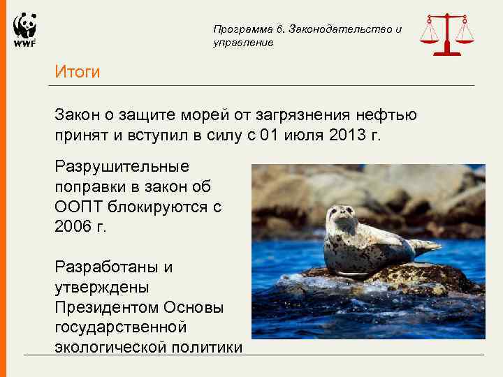 Программа 6. Законодательство и управление Итоги Закон о защите морей от загрязнения нефтью принят