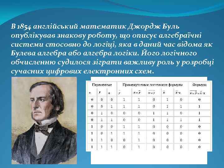 В 1854 англійський математик Джордж Буль опублікував знакову роботу, що описує алгебраїчні системи стосовно