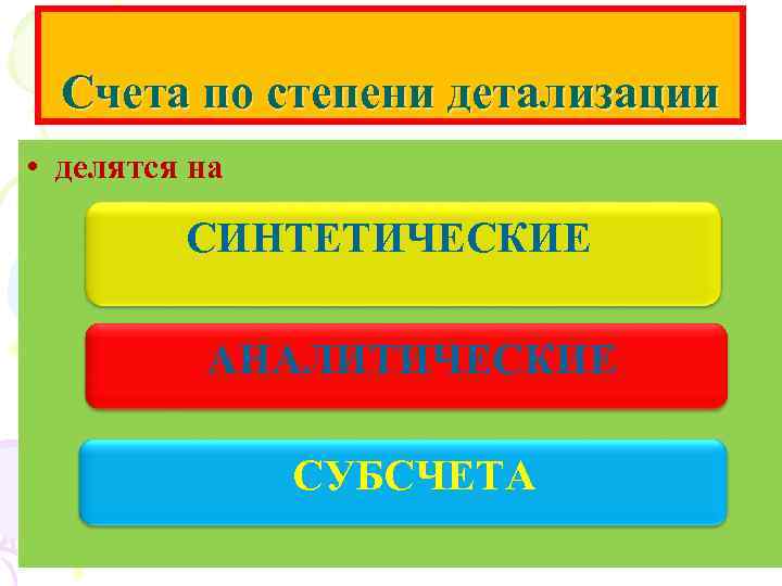 Счета по степени детализации • делятся на СИНТЕТИЧЕСКИЕ С. 2500 АНАЛИТИЧЕСКИЕ СУБСЧЕТА 