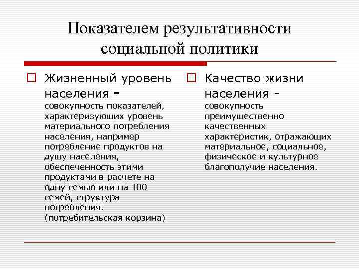 Показателем результативности социальной политики o Жизненный уровень o Качество жизни населения - совокупность показателей,