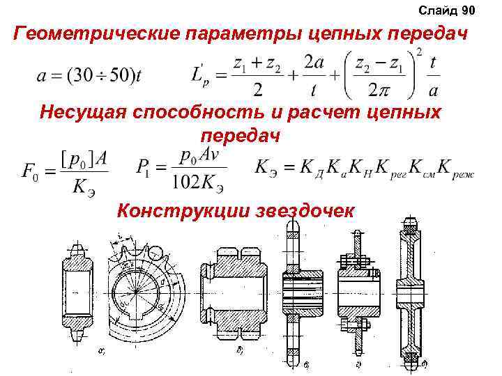 Слайд 90 Геометрические параметры цепных передач Несущая способность и расчет цепных передач Конструкции звездочек