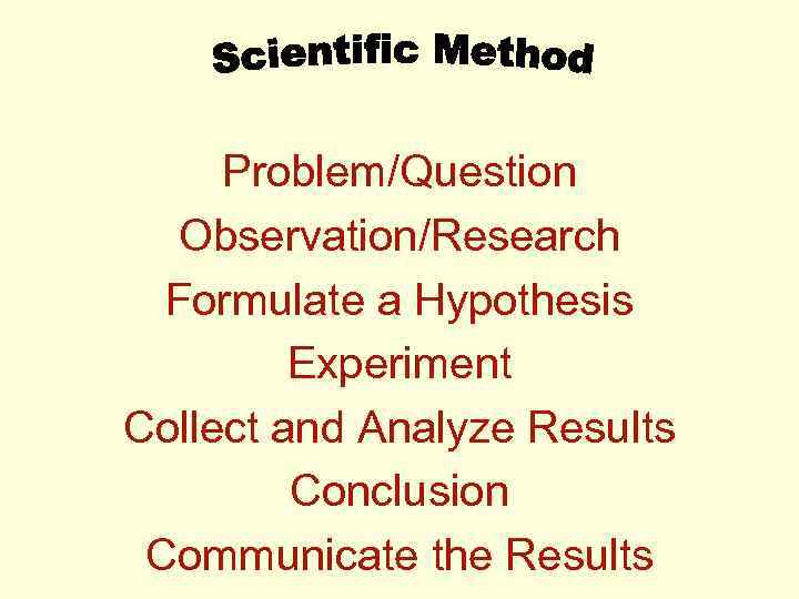 Problem/Question Observation/Research Formulate a Hypothesis Experiment Collect and Analyze Results Conclusion Communicate the Results