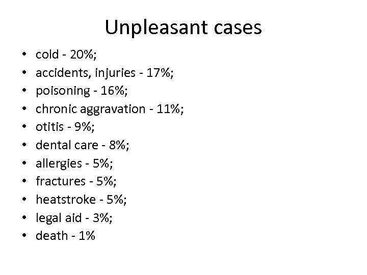 Unpleasant cases • • • cold - 20%; accidents, injuries - 17%; poisoning -