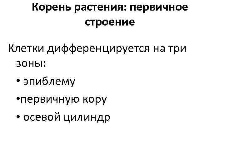 Корень растения: первичное строение Клетки дифференцируется на три зоны: • эпиблему • первичную кору