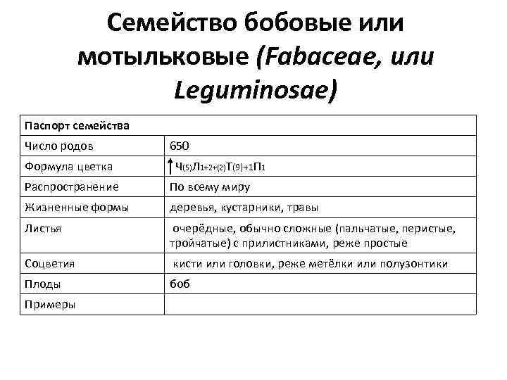 Семейство бобовые или мотыльковые (Fabaceae, или Leguminosae) Паспорт семейства Число родов 650 Формула цветка