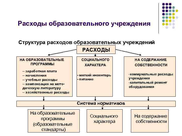 Расходы образовательного учреждения Структура расходов образовательных учреждений РАСХОДЫ НА ОБРАЗОВАТЕЛЬНЫЕ ПРОГРАММЫ – заработная плата