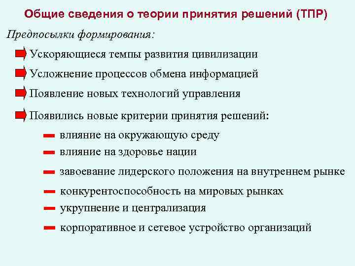 Общие сведения о теории принятия решений (ТПР) Предпосылки формирования: Ускоряющиеся темпы развития цивилизации Усложнение