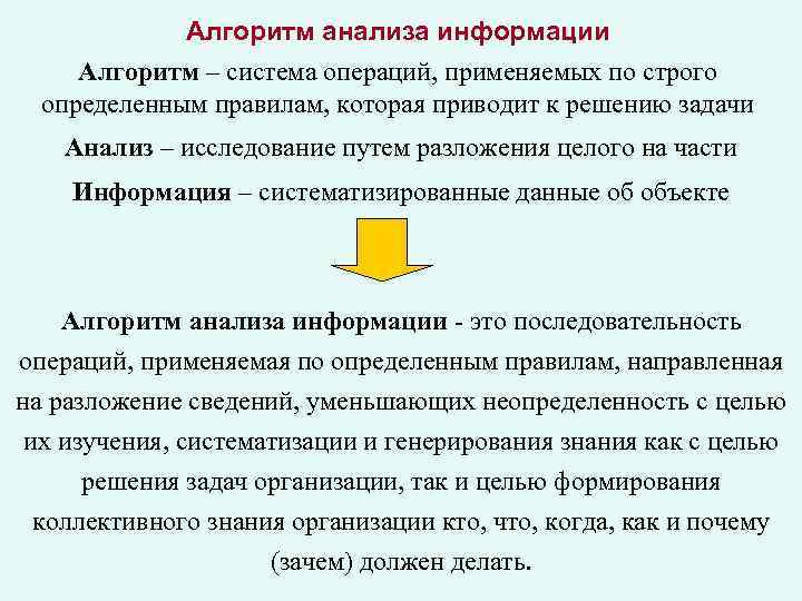 Алгоритм анализа информации Алгоритм – система операций, применяемых по строго определенным правилам, которая приводит