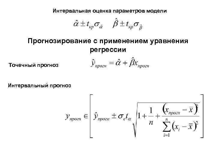 Интервальная оценка параметров модели Прогнозирование с применением уравнения регрессии Точечный прогноз Интервальный прогноз 