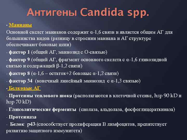 Антигены Candida spp. Маннаны Основной скелет маннанов содержит α-1, 6 связи и является общим