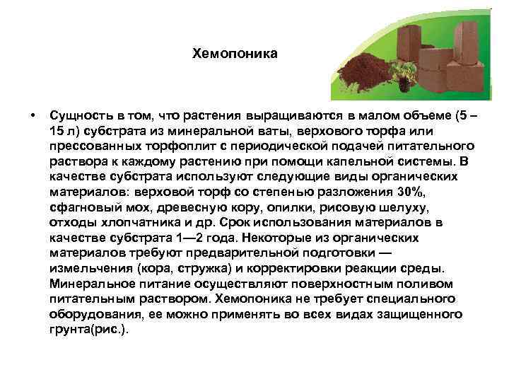  Хемопоника • Сущность в том, что растения выращиваются в малом объеме (5 –