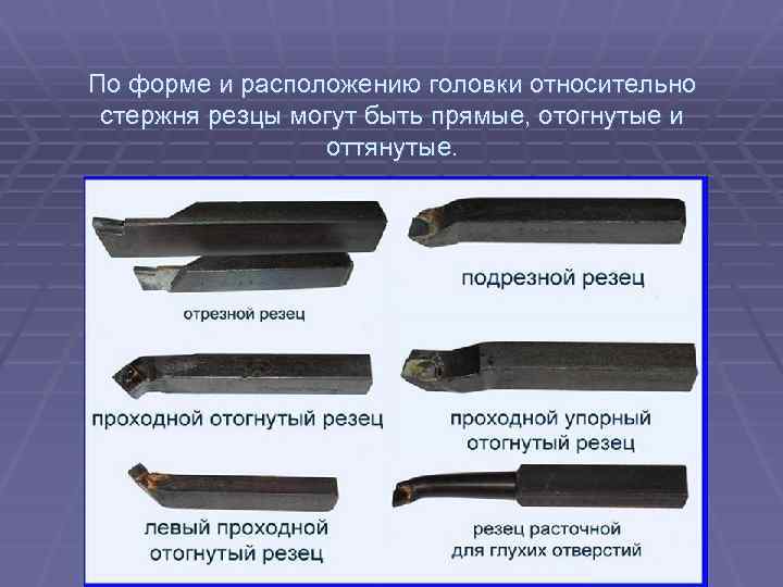 По форме и расположению головки относительно стержня резцы могут быть прямые, отогнутые и оттянутые.