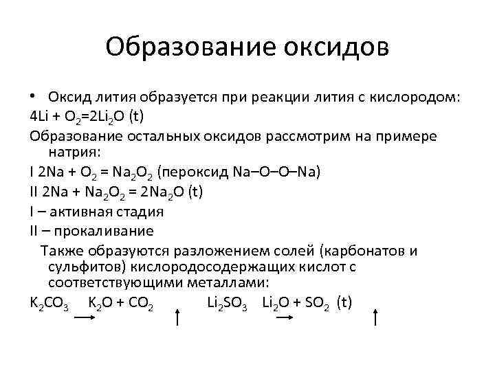 Образование оксидов • Оксид лития образуется при реакции лития с кислородом: 4 Li +