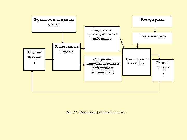 Размеры рынка Бережливость владельцев доходов Содержание производительных работников Годовой продукт 1 Разделение труда Распределение