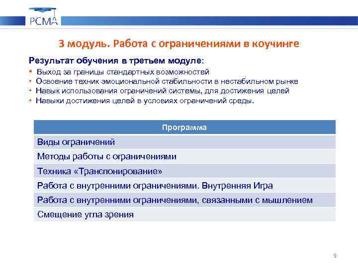 3 модуль. Работа с ограничениями в коучинге Результат обучения в третьем модуле: • Выход