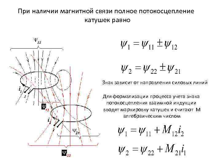 При наличии магнитной связи полное потокосцепление катушек равно Знак зависит от направления силовых линий