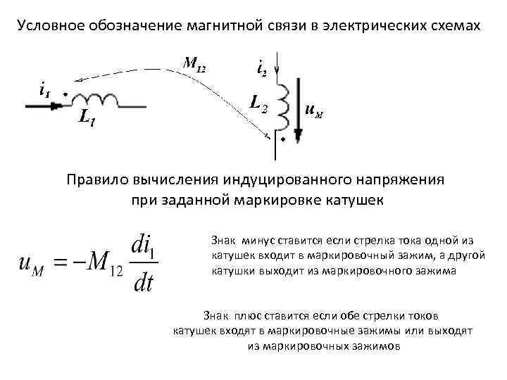 Условное обозначение магнитной связи в электрических схемах Правило вычисления индуцированного напряжения при заданной маркировке