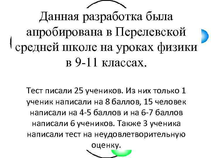 Данная разработка была апробирована в Перелевской средней школе на уроках физики в 9 -11