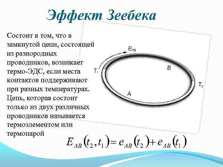 Эффект Зеебека Состоит в том, что в замкнутой цепи, состоящей из разнородных проводников, возникает